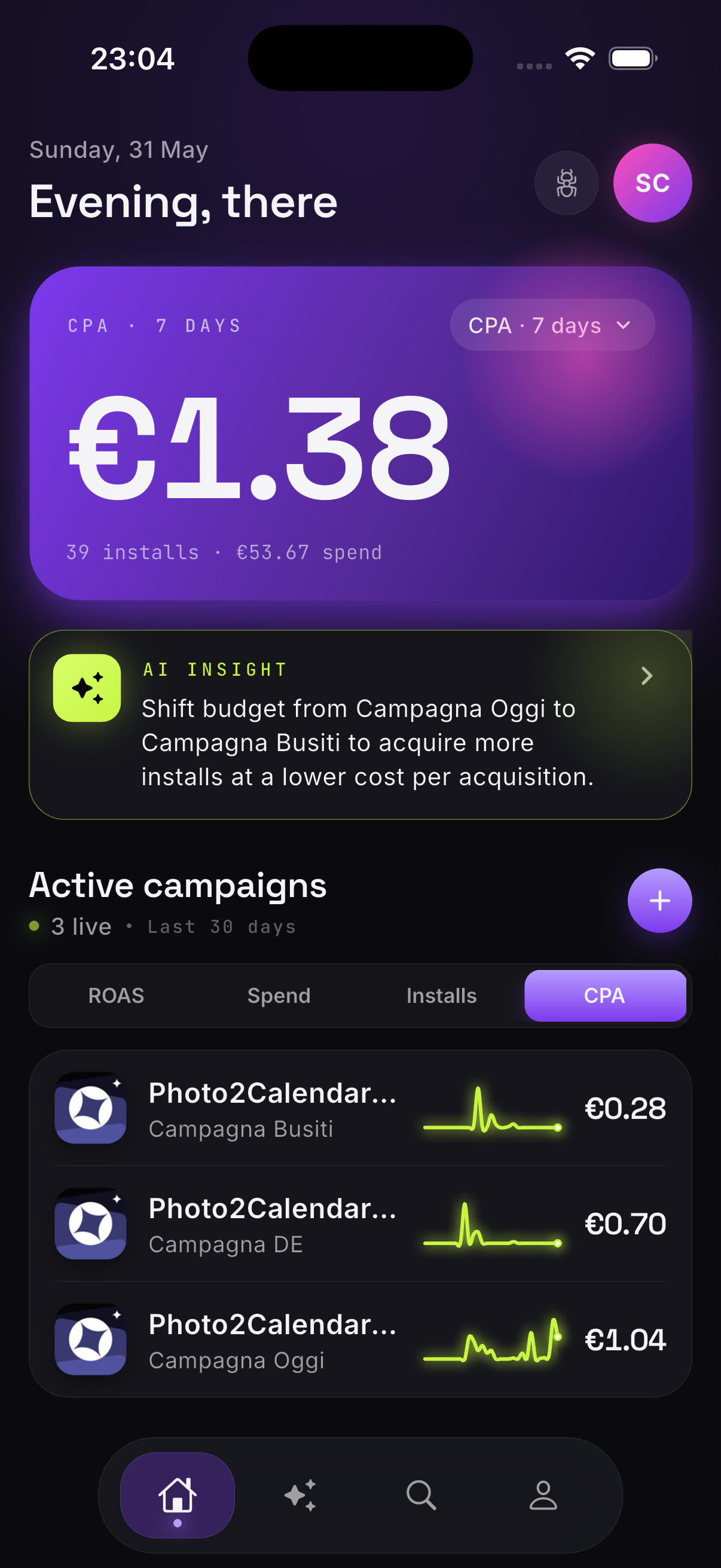 ASAPilot dashboard showing CPA, active campaigns, and AI insights